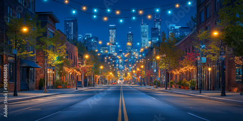 Scenic Urban Street at Night with Festive String Lights