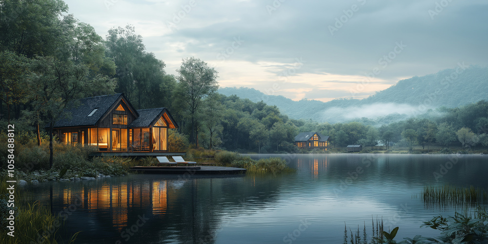 Fototapeta premium Cozy Cabin by Tranquil Lakeside at Dusk