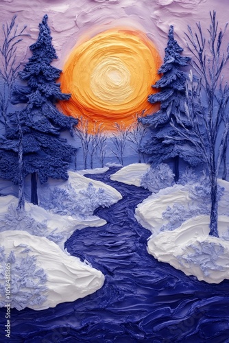 Whimsical winter wonderland crafted with clay and snow, river flowing through snowy landscape