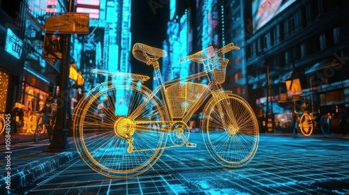 Digitally enhanced urban environment in VR showcases a wireframe bicycle taxi. photo