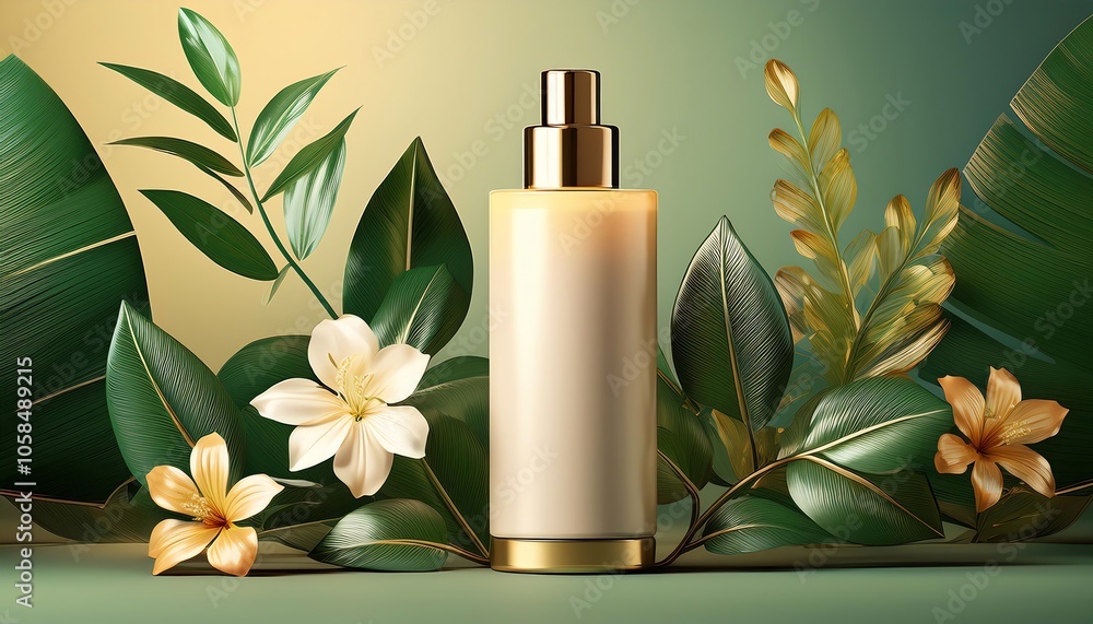 A sleek perfume bottle surrounded by lush green leaves and delicate flowers, exuding a fresh, natural vibe. A sleek perfume bottle surrounded by lush green leaves and delicate flowers, exuding a fresh, natural vibe.