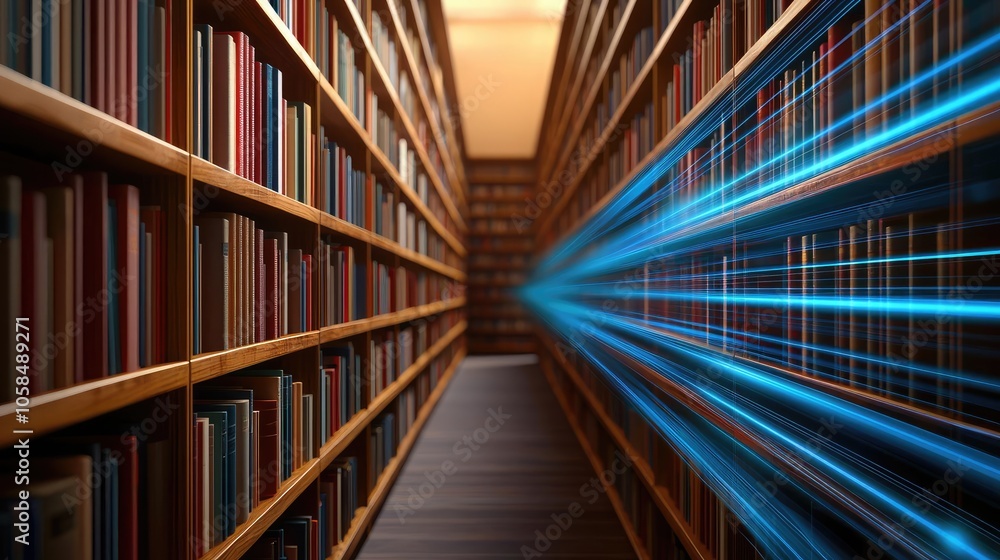 Bookshelves with blue light effect in a library setting. Bookshelves with blue light effect in a library setting.