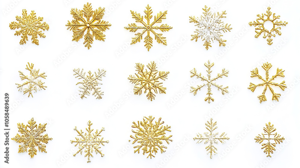 yellow snow flakes in different shape on white background yellow snow flakes in different shape on white background