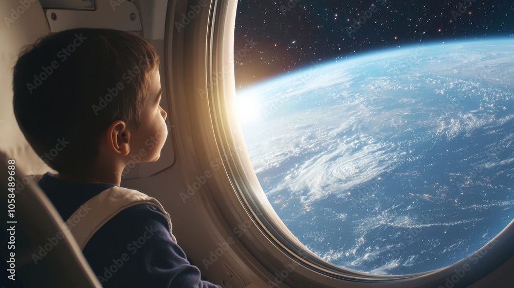A child gazes out of a spacecraft window, admiring the Earth and the vastness of space, evoking wonder and curiosity about the universe. A child gazes out of a spacecraft window, admiring the Earth and the vastness of space, evoking wonder and curiosity about the universe.