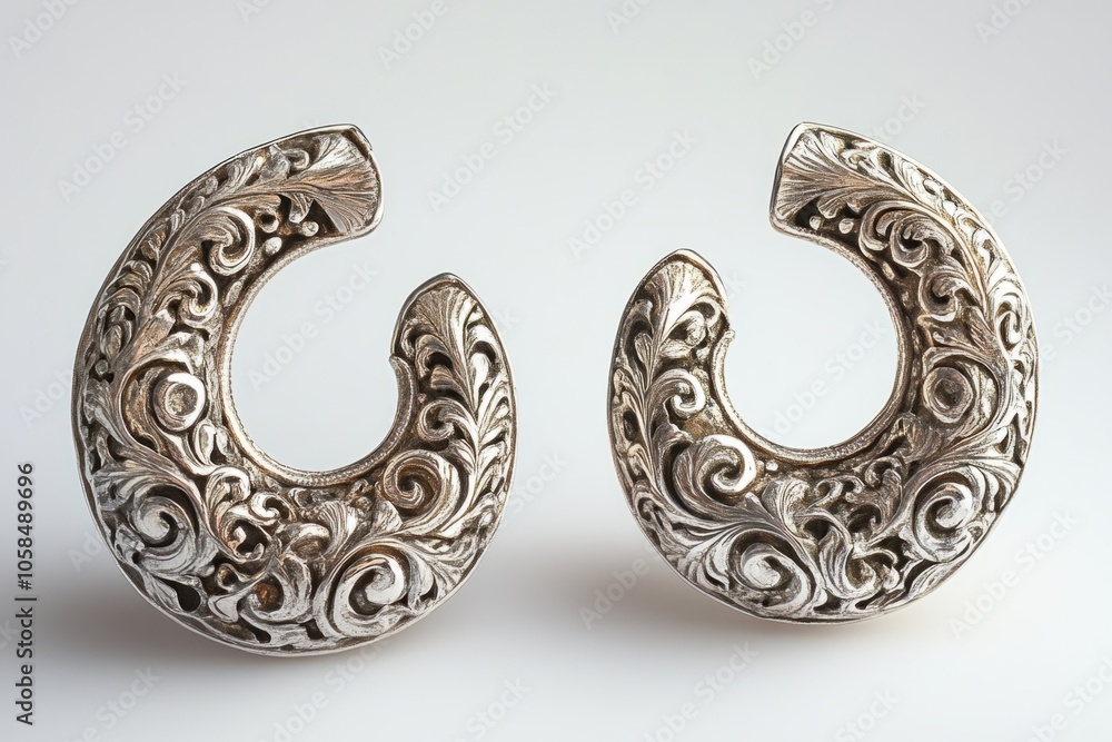Obraz premium Pair of silver earrings showing floral ornaments on white background