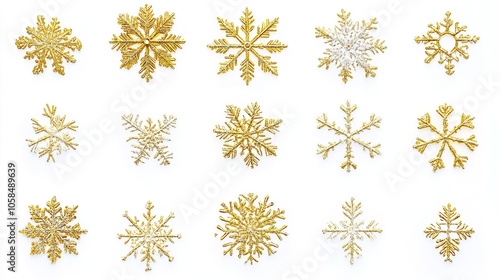 yellow snow flakes in different shape on white background