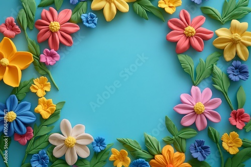 Colorful clay flowers forming a frame on light blue background. Copy space for text