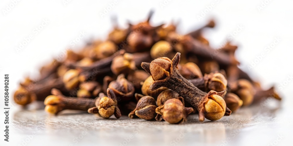 Obraz premium A close-up of whole cloves, showing their dried flower buds and stems, revealing a rich brown and tan color, with a shallow depth of field and a white background.