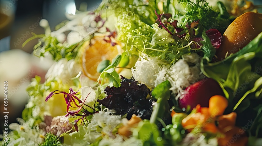 Close-up view of a vibrant salad displayed with complementary elements on the side, capturing the essence of fresh ingredients and appetizing textures. Ideal for culinary themes and presentations. Close-up view of a vibrant salad displayed with complementary elements on the side, capturing the essence of fresh ingredients and appetizing textures. Ideal for culinary themes and presentations.