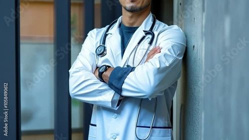 Male doctor with arms crossed, standing confidently in a hospital setting. photo