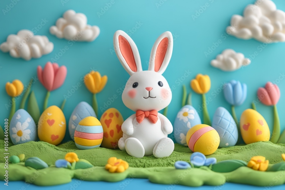 Easter bunny sitting in spring landscape with colorful eggs and tulips Easter bunny sitting in spring landscape with colorful eggs and tulips