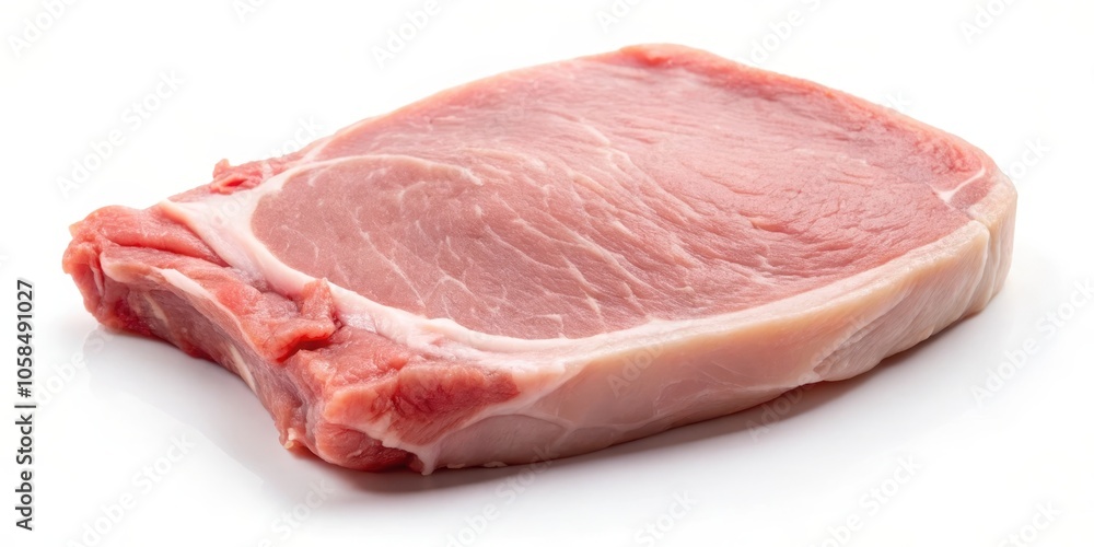 A single raw pork chop isolated on a white background. The chop is uncooked and features a light pink color and visible marbling. A single raw pork chop isolated on a white background. The chop is uncooked and features a light pink color and visible marbling.
