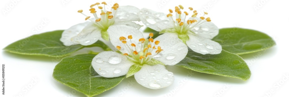Obraz premium A cluster of white flowers with yellow stamens on green leaves, adorned with water droplets.