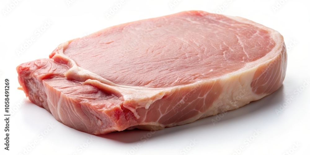 A single, raw pork chop isolated on a white background. It's a fresh cut of meat, ready for grilling or pan-frying. A single, raw pork chop isolated on a white background. It's a fresh cut of meat, ready for grilling or pan-frying.