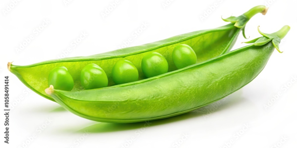 A single pea pod with five green peas, open and displaying its fresh and vibrant seeds against a clean white backdrop. A single pea pod with five green peas, open and displaying its fresh and vibrant seeds against a clean white backdrop.