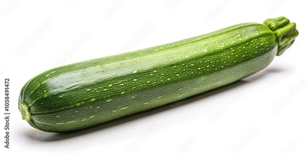 A single, fresh zucchini with a vibrant green skin and a delicate bloom at the end, isolated against a pure white background. A single, fresh zucchini with a vibrant green skin and a delicate bloom at the end, isolated against a pure white background.