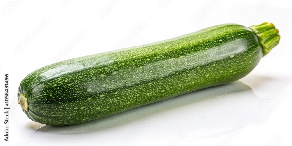 A single, ripe, green zucchini with a smooth, shiny skin and a textured surface isolated on a white background. A single, ripe, green zucchini with a smooth, shiny skin and a textured surface isolated on a white background.
