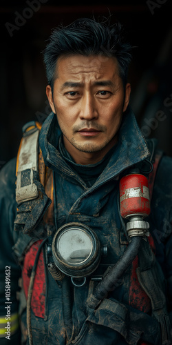 Asian Firefighter in Full Gear Closeup shot