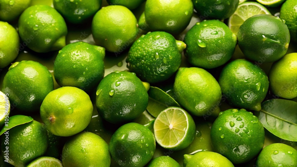 Fresh limes with water droplets and slices arranged in vibrant display Fresh limes with water droplets and slices arranged in vibrant display