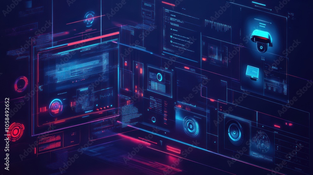 Fototapeta premium Futuristic Interface with Data Visualizations and Security Cameras