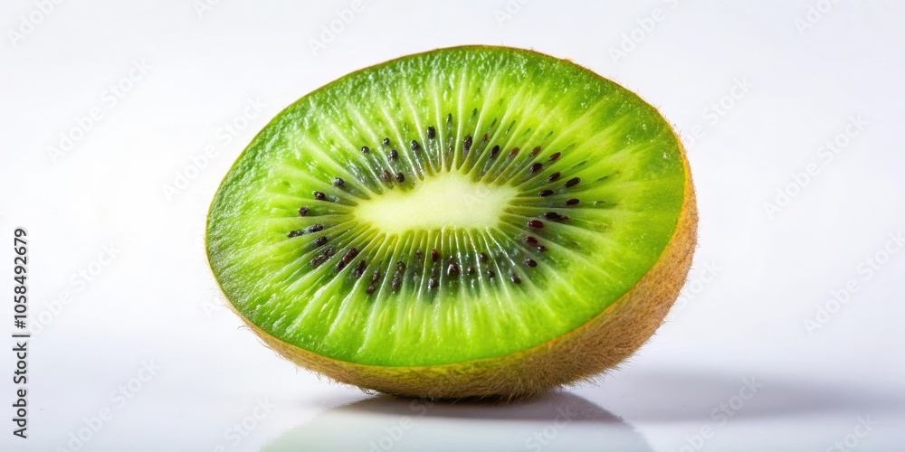 Fototapeta premium A single kiwi fruit slice, revealing its vibrant green flesh and dark brown seeds, sits against a stark white backdrop, showcasing the fruit's juicy, ripe texture.