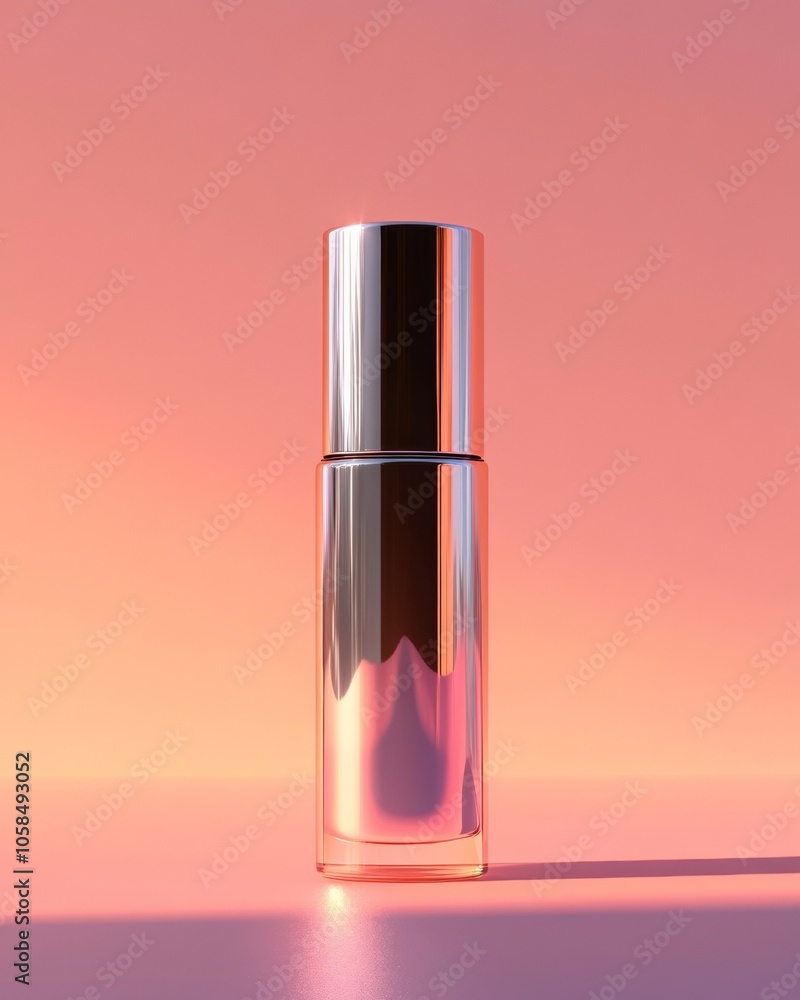 Sleek Metallic Skincare Bottle on Reflective Gradient Background Sleek Metallic Skincare Bottle on Reflective Gradient Background
