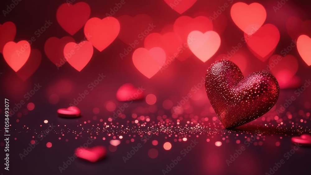 Decorative red hearts with glitter arranged on a dark surface, perfect for romantic occasions and celebrations Decorative red hearts with glitter arranged on a dark surface, perfect for romantic occasions and celebrations