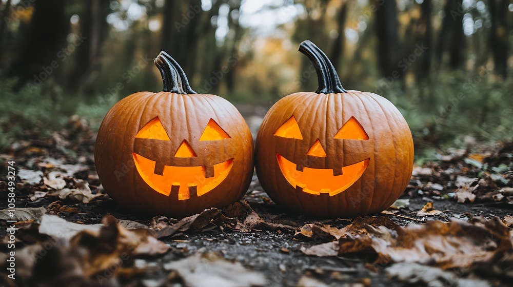 Two Jack o' Lanterns in the Woods Abstract Gradient Background with Copy Space Two Jack o' Lanterns in the Woods Abstract Gradient Background with Copy Space