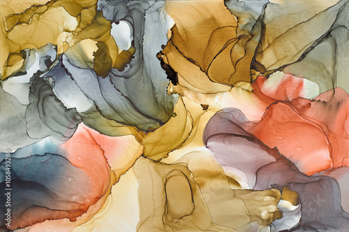 Fotografi Swirls of color and veins of metallic gold form a flowing, abstract design, sense of movement and transformation