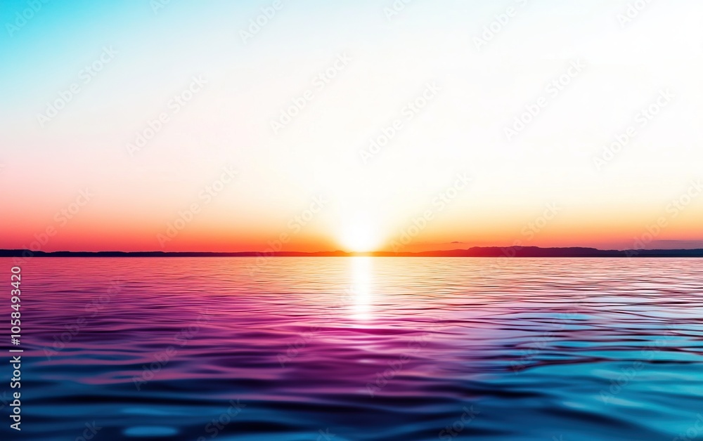 Obraz premium A tranquil sunset over water, blending vibrant hues of orange, pink, and blue, reflecting on the serene waves.