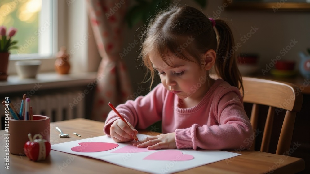 Young child drawing heart shapes in a cozy indoor setting during afternoon light Young child drawing heart shapes in a cozy indoor setting during afternoon light