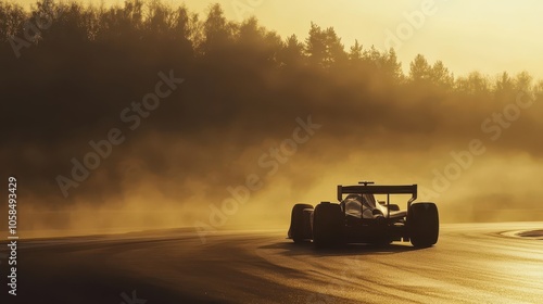 Sleek Titanium Pearl White Open-Wheel Racing Car Emerging from Morning Fog at Spa-Francorchamps: A Driver's Eye View with Golden Light and Racing Precision.