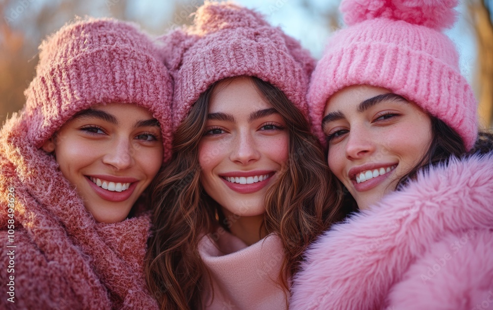 Joyful Friends in Pink Winter Attire Enjoying a Sunny Day Outdoors Joyful Friends in Pink Winter Attire Enjoying a Sunny Day Outdoors