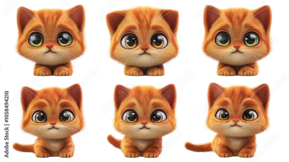 Fototapeta premium Adorable Set of Fluffy Kittens With Big Eyes on a White Background Generative AI