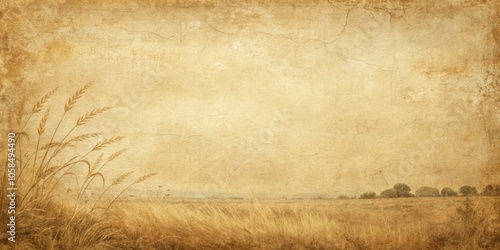 A nostalgic and weathered photograph of a meadow with tall blades of grass blowing gently in the wind, captured on an aged and worn paper background with a vintage filter effect.