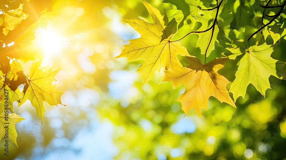 Vibrant green and yellow tree foliage illuminated by sunlight creates a stunning display of natural colors, offering an ideal setting for capturing the essence of nature with ample copy space. Vibrant green and yellow tree foliage illuminated by sunlight creates a stunning display of natural colors, offering an ideal setting for capturing the essence of nature with ample copy space.