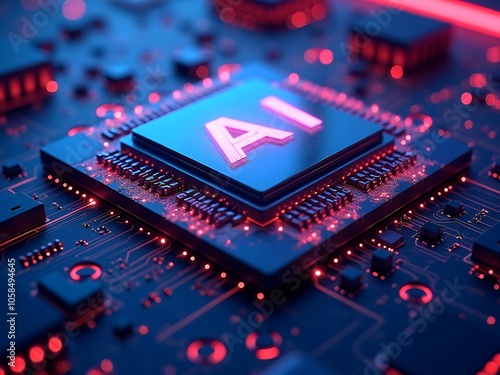 Processor chip AI with blue letter, red lights