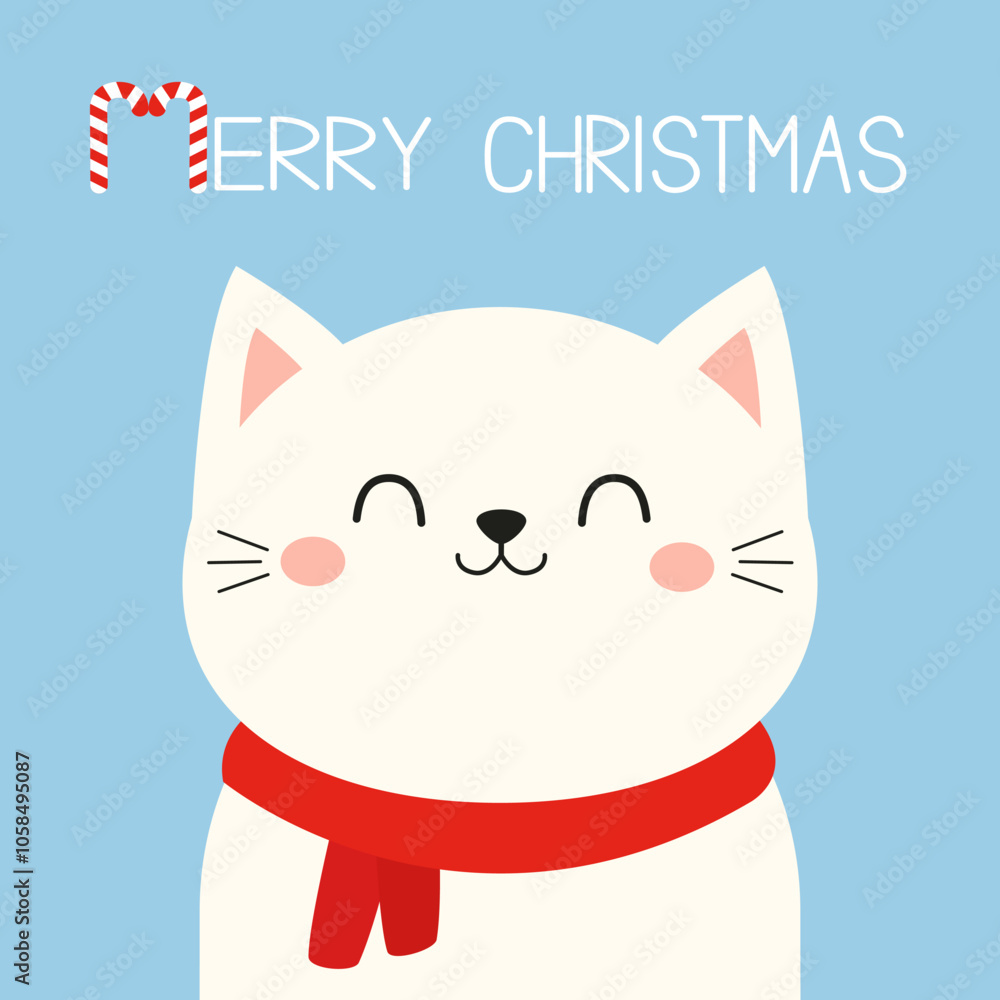 Merry Christmas cat face. Candy Cane text. Kitten wearing red scarf. White silhouette icon. Funny kawaii animal. Cute cartoon pet baby character. Childish style. Flat design. Blue background. Vector Merry Christmas cat face. Candy Cane text. Kitten wearing red scarf. White silhouette icon. Funny kawaii animal. Cute cartoon pet baby character. Childish style. Flat design. Blue background. Vector