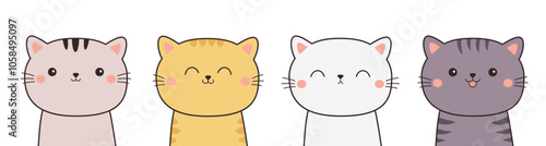 Cat kitten set line banner. Cute kitty funny smiling face head. Contour line doodle. Different emotions, colors. Cartoon kawaii baby character. Sticker print. Flat design. White background. Vector