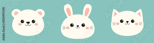 White bear cub, bunny rabbit, cat kitty, kitten round face head icon set. Cartoon funny baby character. Cute kawaii animal. Sticker print. Childish style. Flat design. Isolated Blue background. Vector