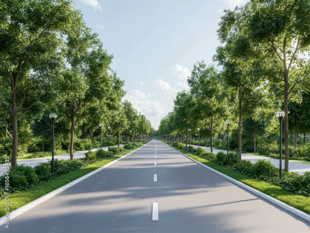 Bicycle Lane Winding Through Lush Green Park Surrounded by Nature's Tranquility Bicycle Lane Winding Through Lush Green Park Surrounded by Nature's Tranquility