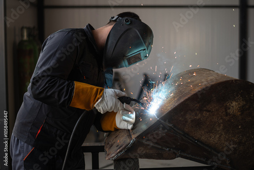 Industrial worker using welding tool on metal in factory