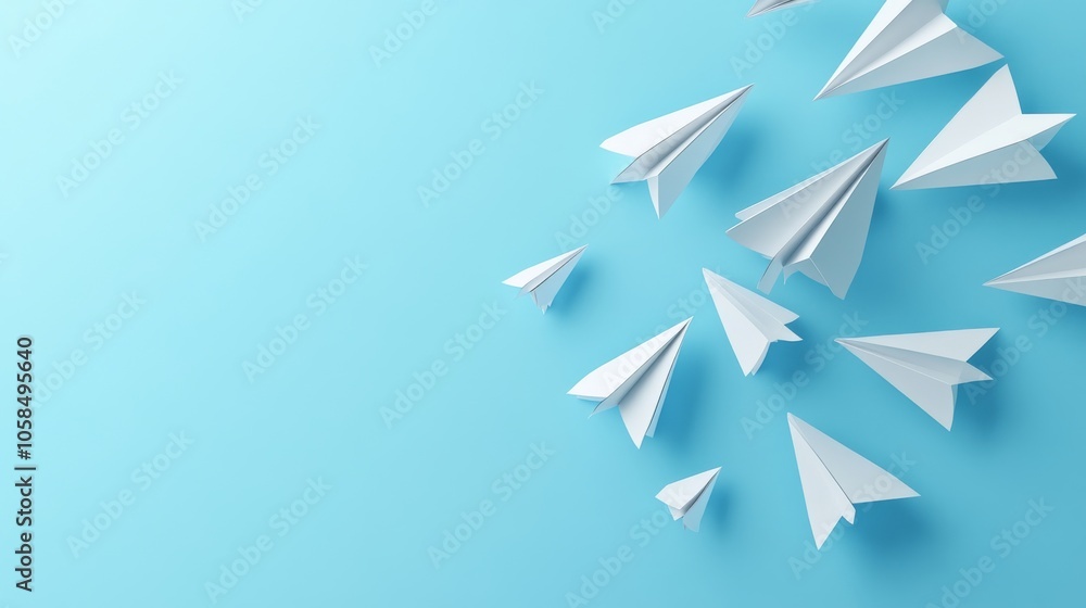 conceptual 3d illustration, simplified paper airplane shapes, one breaking formation, crisp edges and smooth surfaces, monochromatic color scheme with white and azure conceptual 3d illustration, simplified paper airplane shapes, one breaking formation, crisp edges and smooth surfaces, monochromatic color scheme with white and azure