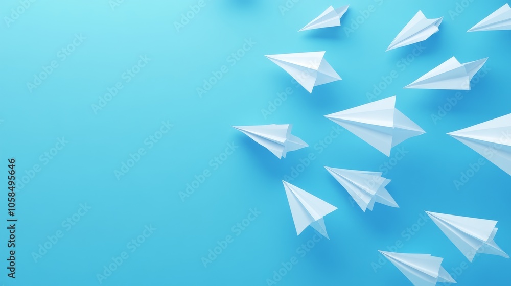 conceptual 3d illustration, simplified paper airplane shapes, one breaking formation, crisp edges and smooth surfaces, monochromatic color scheme with white and azure conceptual 3d illustration, simplified paper airplane shapes, one breaking formation, crisp edges and smooth surfaces, monochromatic color scheme with white and azure