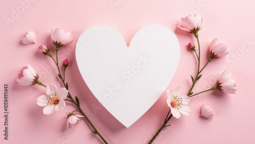 A large white heart surrounded by delicate pink flowers on a soft pink background for a romantic celebration. Background with copy space