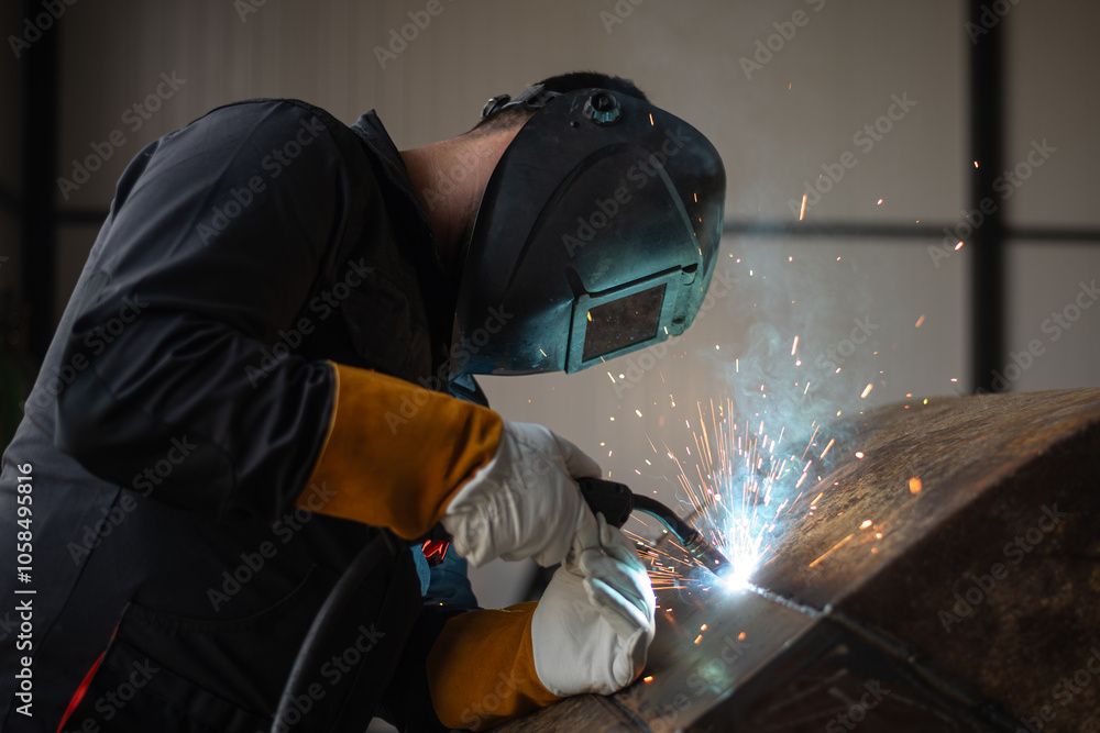 Industrial worker welding metal with sparks flying in workshop Industrial worker welding metal with sparks flying in workshop