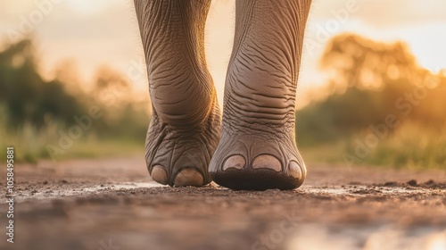 The elephant's feet are dirty and wet, and it is walking on a dirt road