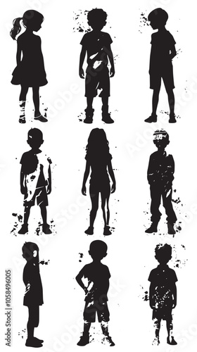 Collection of children silhouettes boys set, vector illustration