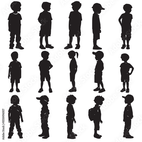 Collection of children silhouettes boys set, vector illustration