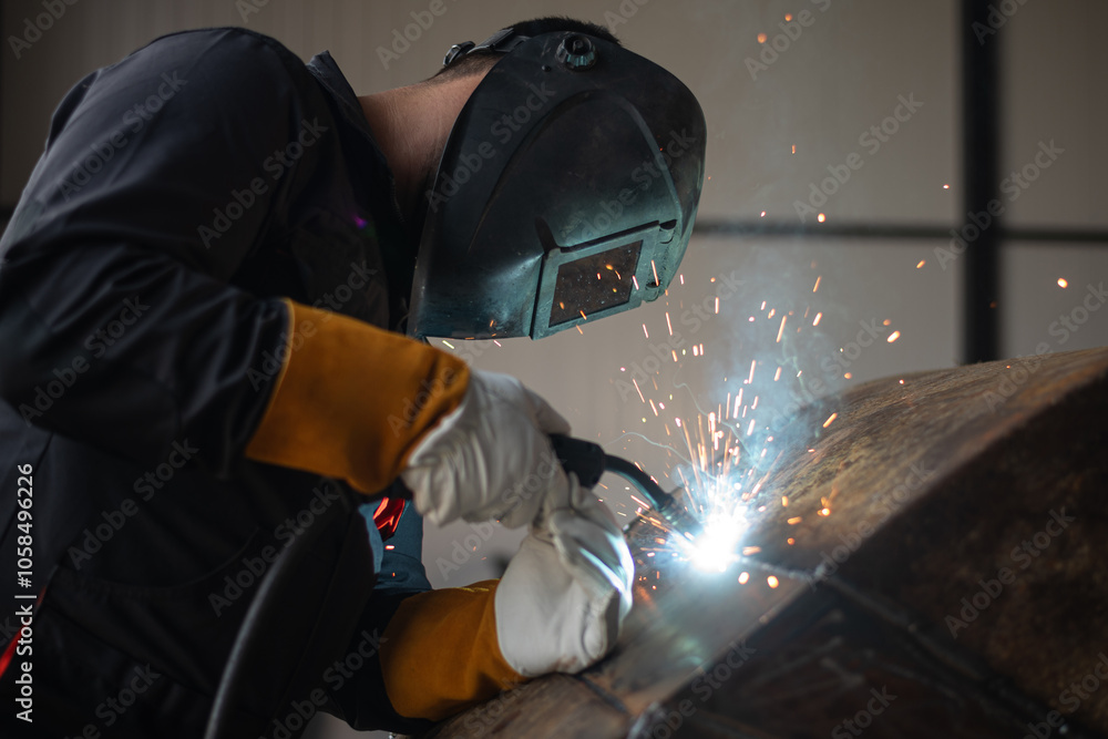 Industrial worker welding metal with sparks flying in workshop Industrial worker welding metal with sparks flying in workshop